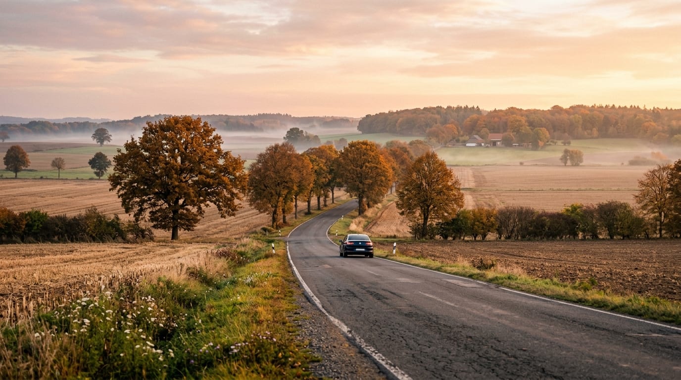 Ruhige Landstraße in der Region Hannover bei warmem Abendlicht.