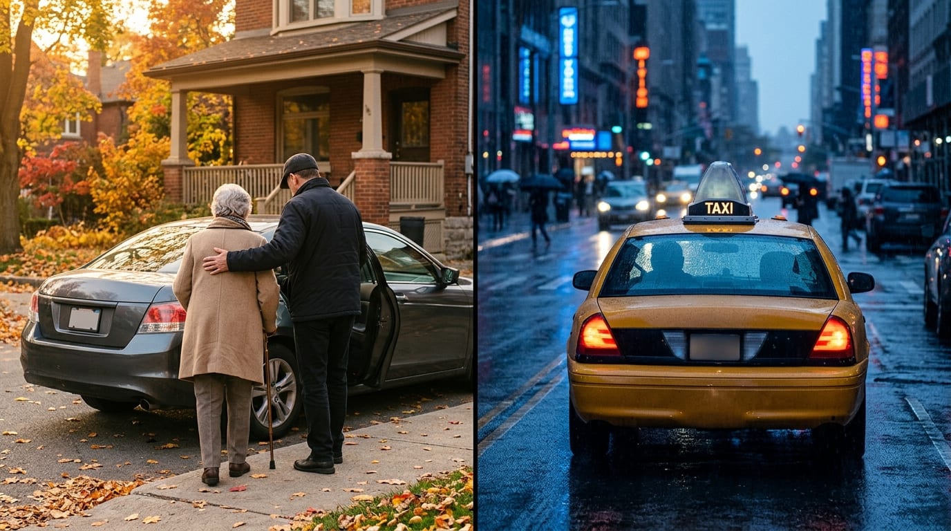 Ein freundlicher Fahrer hilft einer älteren Person beim Einsteigen in einen sauberen Pkw vor einem Backstein-Haus, Herbststimmung.