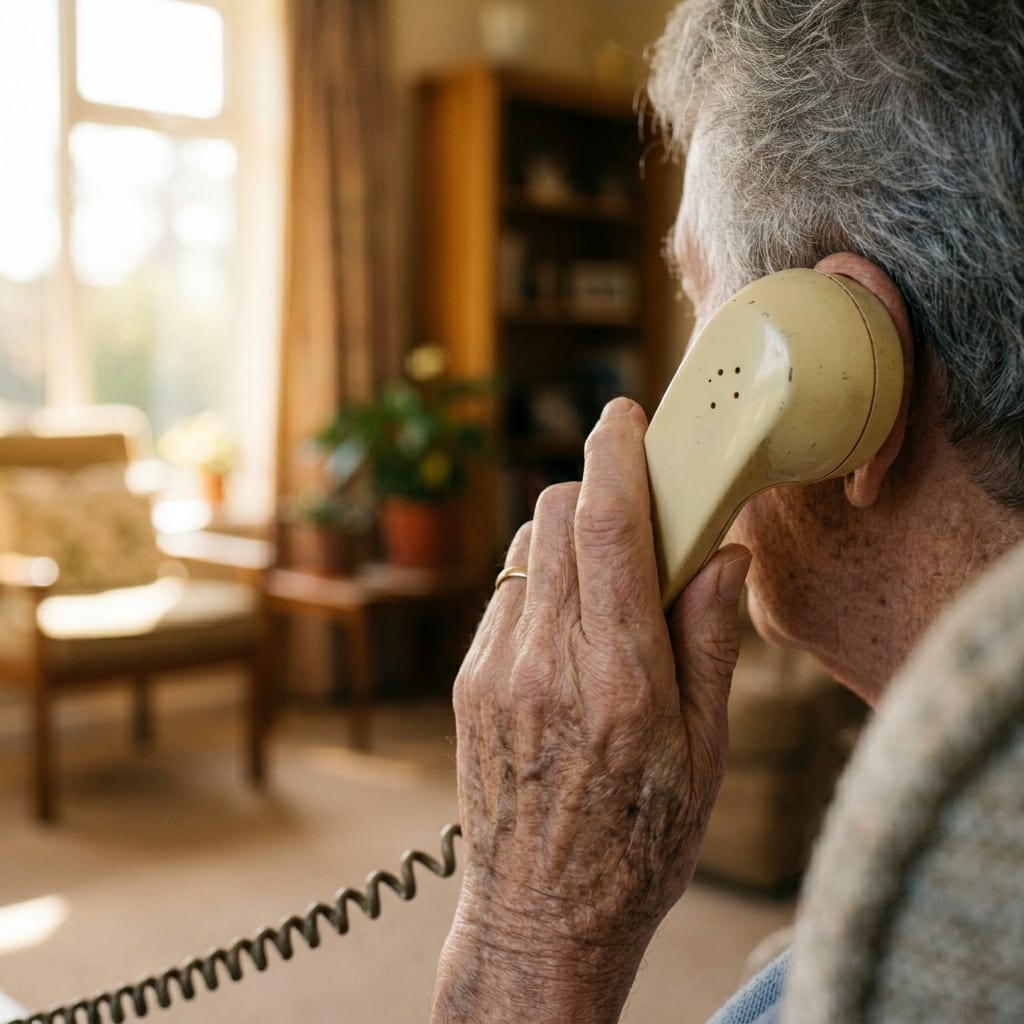 Senior hält den Hörer eines Telefons ans Ohr.