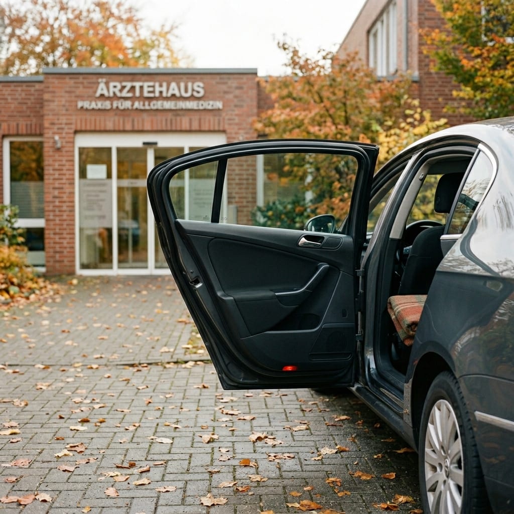 Geöffnete Beifahrertür einer Limousine vor dem Eingang einer Klinik.