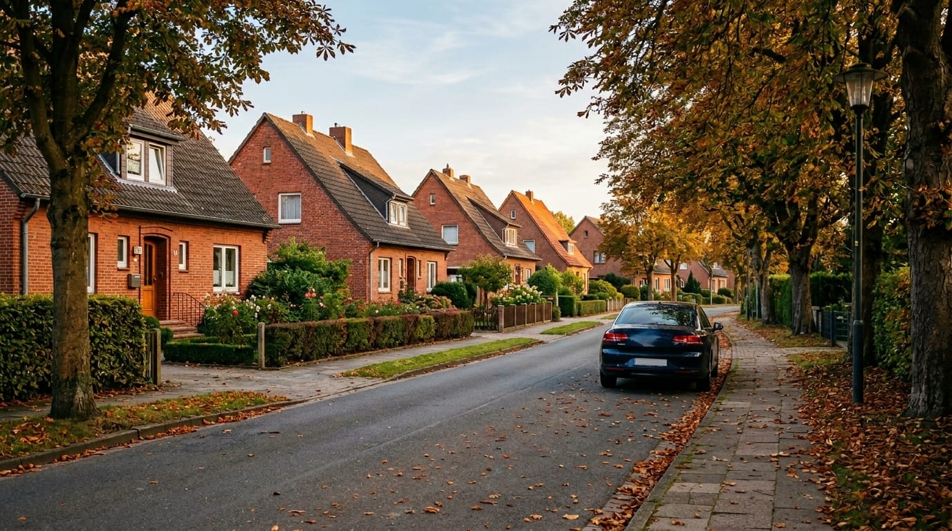Stille Wohnstrasse in einer Vorortsiedlung in Niedersachsen mit roten Klinkerhäusern und alten Kastanienbäumen.