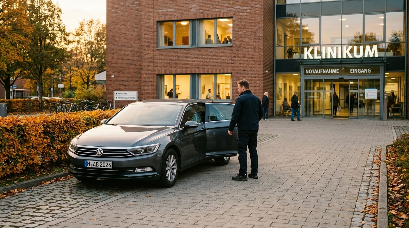 Ruhiger Krankenhausflur mit Wartestühlen in warmem Tageslicht.