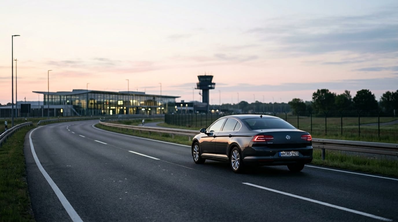 Strasse bei sanftem Morgenlicht in Flughafennähe mit modernem Terminalgebäude im Hintergrund.