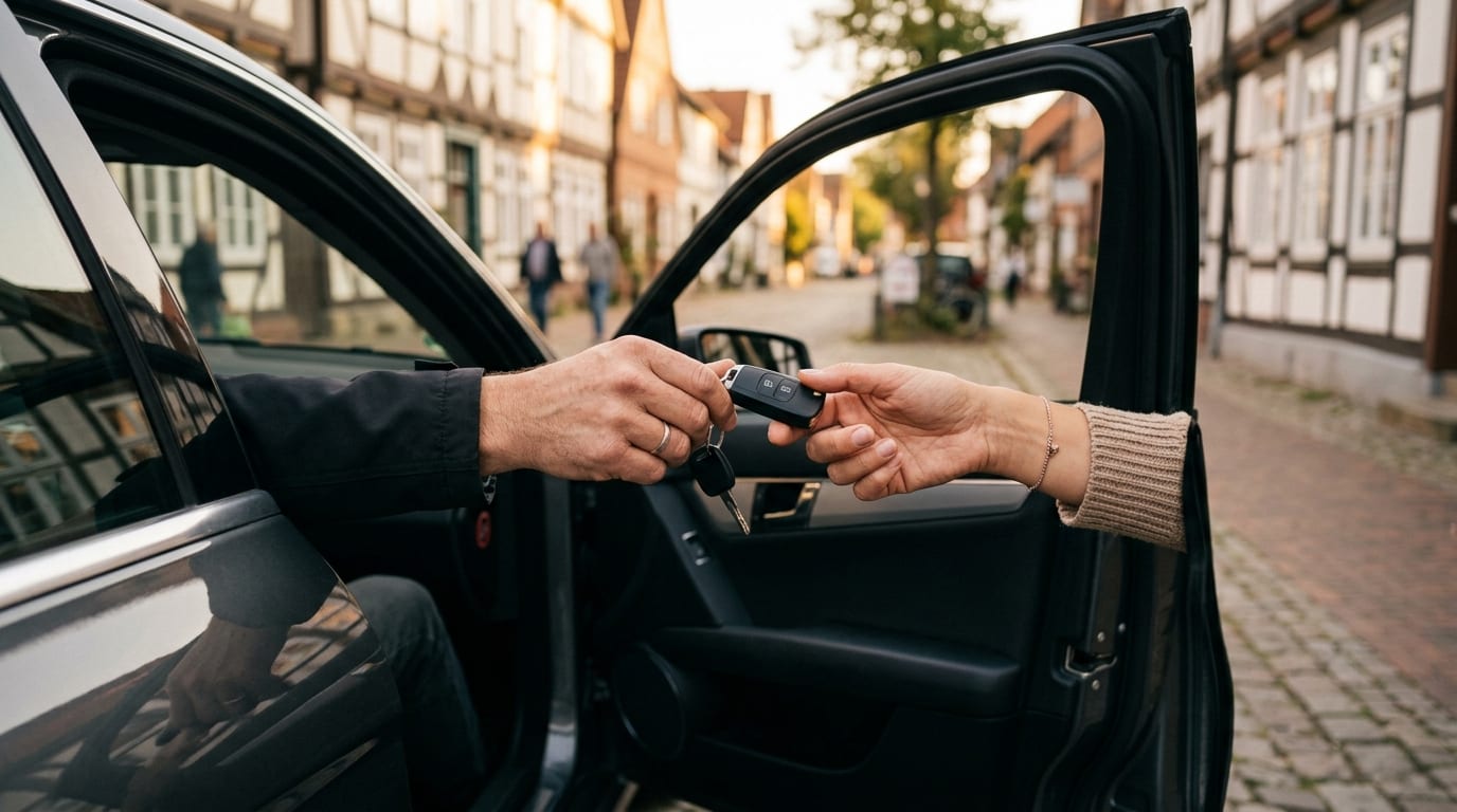 Fahrer mit Armbanduhr am Lenkrad, ruhige diskrete Fahrt.