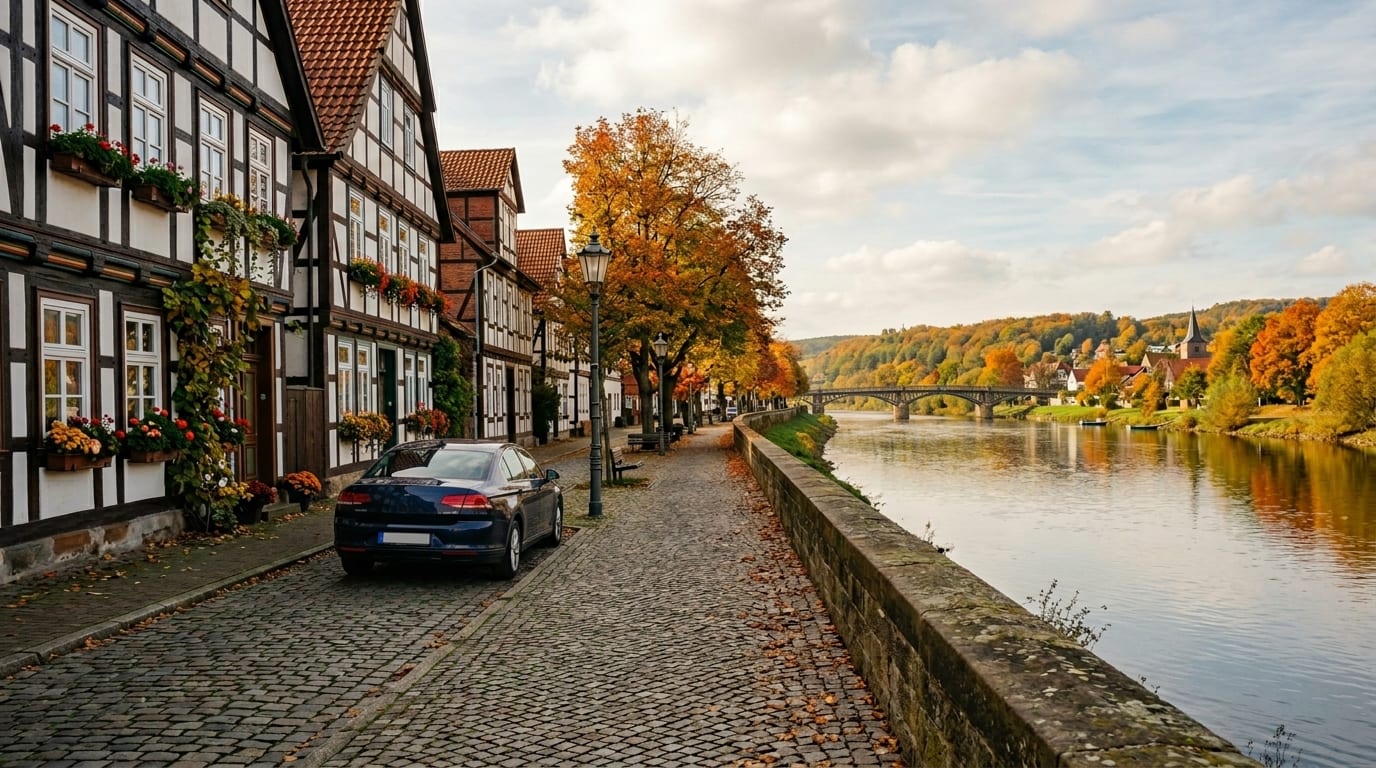Uferpromenade an der Weser in Nienburg mit Fachwerkhäusern und ruhigem Flusslauf.