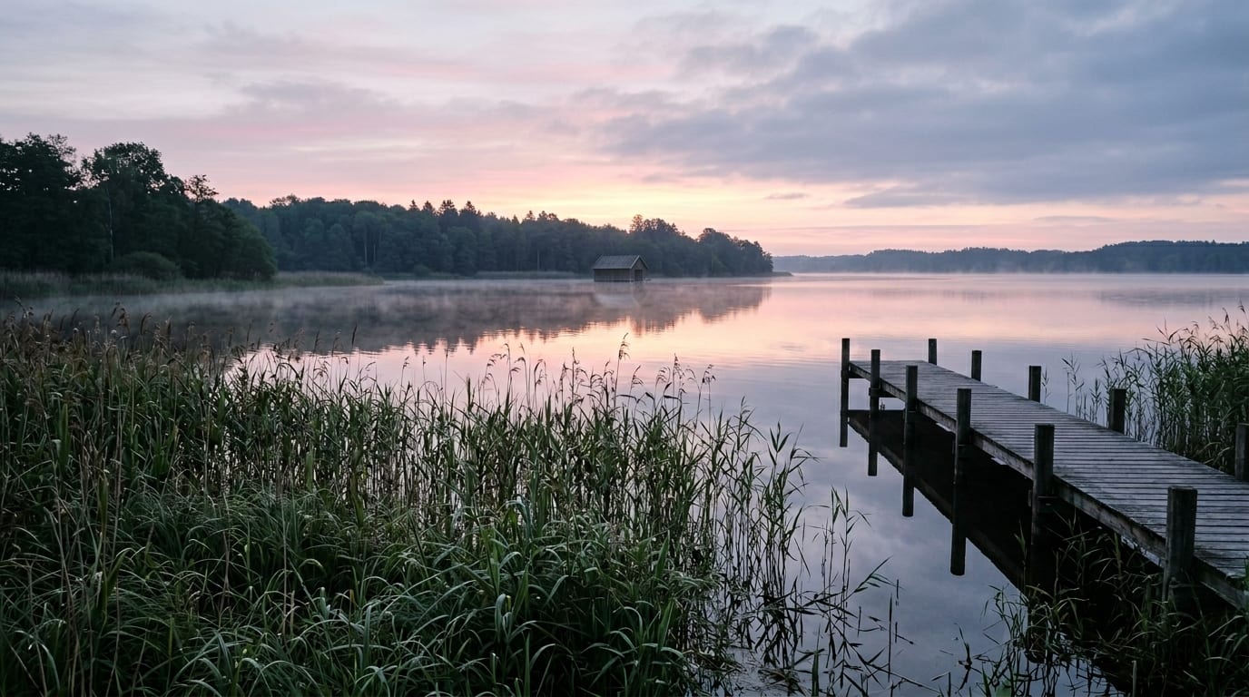 Stiller norddeutscher See im Morgenlicht mit Schilfufer, Holzsteg und sanftem Pastellhimmel.